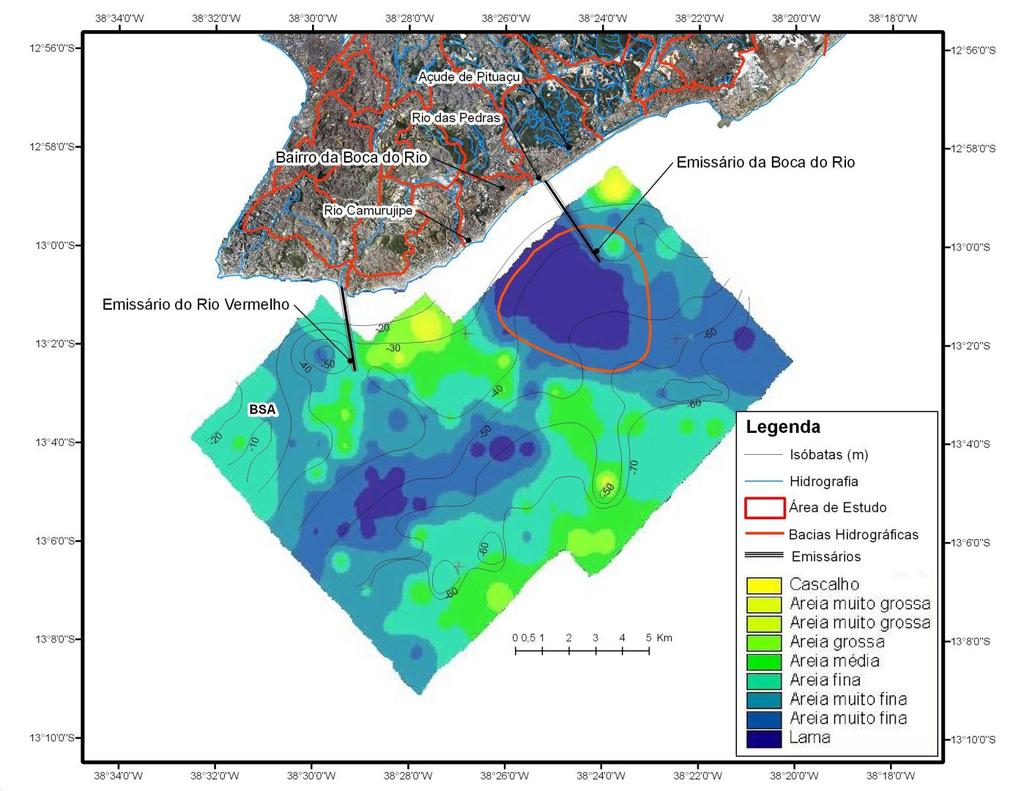Figura 2: Bacias hidrográficas da cidade do Salvador, posição dos emissários submarinos, tamanho médio do sedimento superficial do fundo e isóbatas (modificado de NUNES, 2002) e localização do Baixo