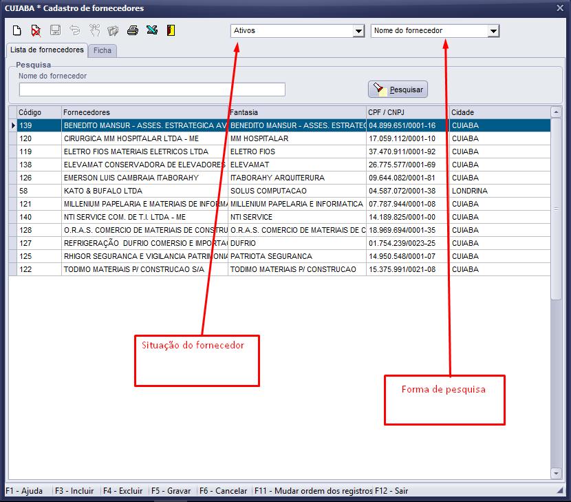 Abaixo temos a aba Lista de fornecedores, onde