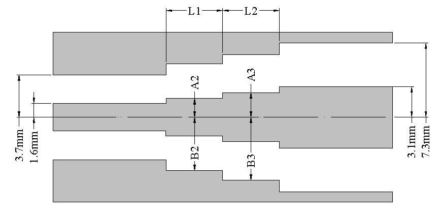 70 Figura 4.2 Estrutura de acoplamento entre dois guias de onda coaxiais de dimensões diferentes. Seção de guia de onda coaxial A (mm) B (mm) Seção 2 2.00 4.60 Seção 3 2.50 5.75 Tabela 4.