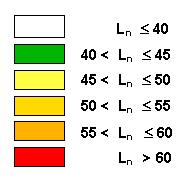 Os referidos mapas apresentam uma escala de cores de acordo com os níveis de ruído simulados no programa de computador, correspondendo as cores