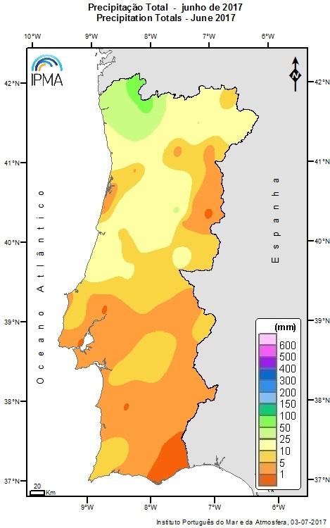 Figura 9 Distribuição espacial da precipitação total e respetiva percentagem em relação à média em junho.