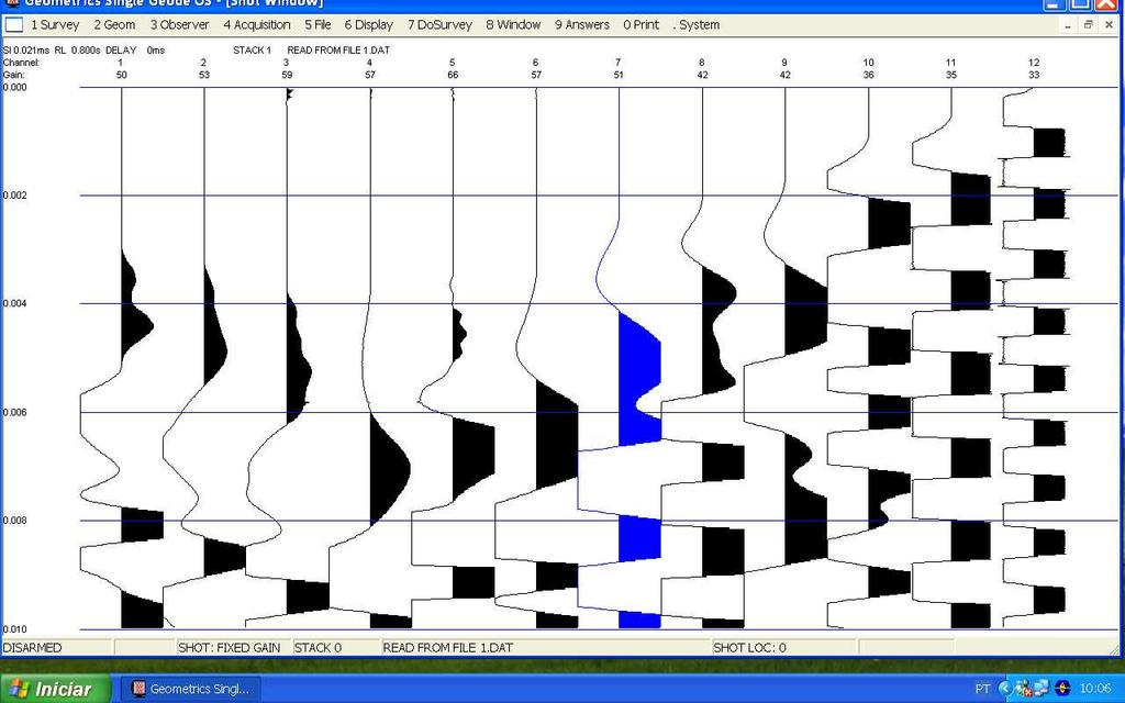 4.5.4.1 Resultados Obtidos Na Figura 4.42a pode ser visto sismograma obtido nos levantamentos utilizando as técnicas de perfilagem e radiação simultaneamente.