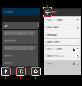 Visão geral do scanner Ícones na tela de toque Na parte inferior da tela de toque, os ícones seguintes são exibidos: A seguir é exibida uma tela de exemplo quando o scanner é