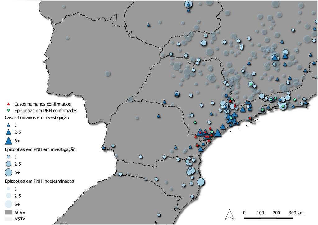 Distribuição dos casos humanos e epizootias em PNH notificados para FA durante o período de monitoramento