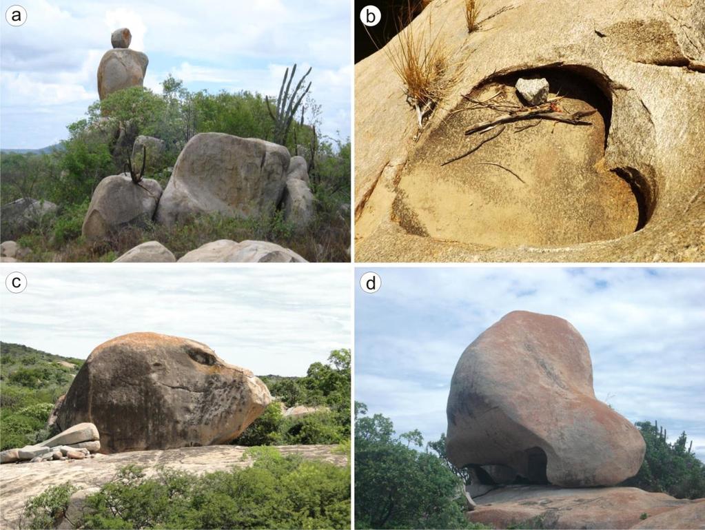 Figura 9 Diferentes feições de relevo relacionadas a apofenia/pareidolia encontradas no território do Geoparque Seridó, com destaque para (a) Pedra do Caju, (b) Pedra do Coração, (c) Cabeça