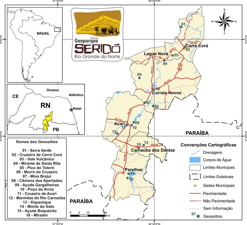Figura 1 Mapa de localização dos geossítos no Geoparque Seridó. Fonte: o autor.