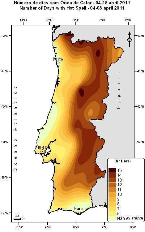 Figura 9 Número de dias em onda de calor em abril (esq.) e em maio (dir.) de 2011 3.