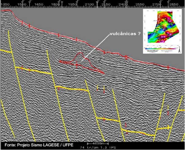 93 Fig. 5.31 Linha D-D exibindo em detalhe um possível derrame/intrusão de rochas magmáticas na região norte do Platô. 5.2.3. Integração dos métodos sísmico e potenciais Na fase conclusiva dos