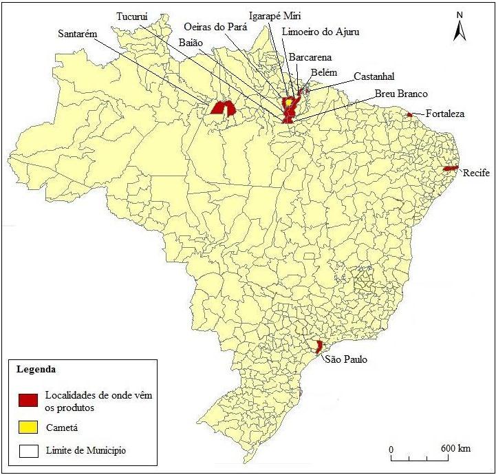 Mapa 2 Rede de fluxos de Cametá a partir de sua feira livre. Fonte: Pesquisa de Campo, 2015. Elaboração pelo autor (Philcarto).