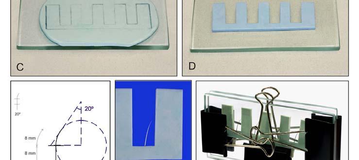 silicona entre as placas de vidro; C- marcações para confecção do