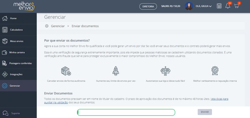 Gerenciar - Documentos Nessa página você pode realizar o envio de