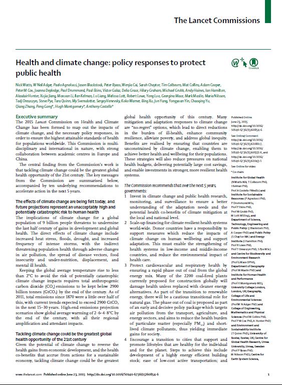 Mudanças climáticas e impactos na saúde The Lancet - 23/junho/2015 O combate às alterações climáticas poderia ser a maior oportunidade para a saúde global do século 21.