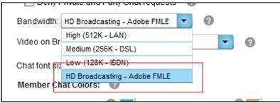 Passo 6 Clique no menu próximo a Banda larga (Bandwidth) e selecione Transmita em HD Adobe FMLE (HD Adobe FMLE).