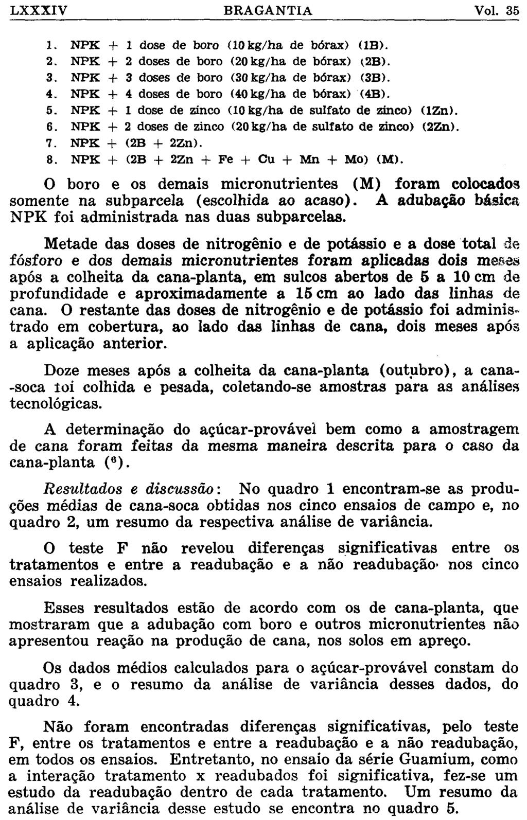 1. NPK + 1 dose de boro (10kg/ha de taórax) (IB). 2. NPK + 2 doses de boro (20 kg/ha de borax) ^2B). 3. NPK + 3 doses de boro (30 kg/ha de bórax) (3B). 4.