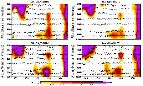 verticalmente, chegando até 500 hpa em alguns horários apresentados (p.ex. 12 UTC do dia 8), isto deixa claro que os eventos de JBN possam estar relacionados com a circulação da grande escala.