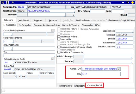 O tipo de operação 202 também habilita a guia Compl. NF Serviço.