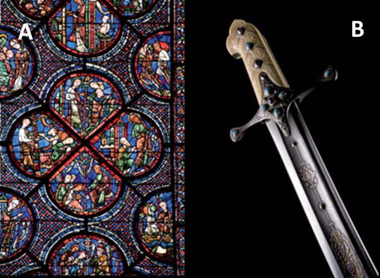 Figura 1. Na imagem à esquerda (1a), o vitral da Catedral de Chartes, 1300 d. C. (França). Na imagem à direita (1b), o Sabre feito em Damasco 1000-1300 d. C. (Síria), (Adaptado referência 10).