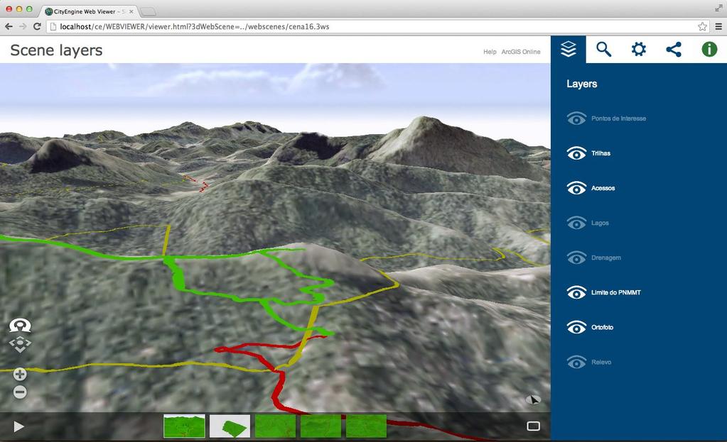 Figura 5.. Interface de visualização da maquete virtual 3D do PNMMT no Google Chrome, indicando a região da Pedra da Tartaruga e suas trilhas, em primeiro plano.