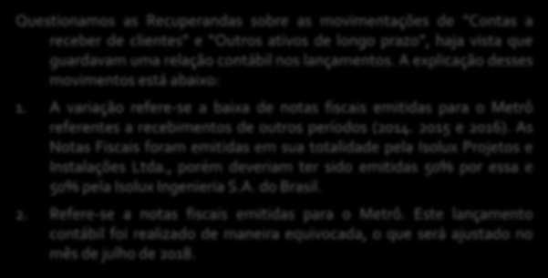 , destacamos o seguinte a respeito das principais variações: Questionamos as Recuperandas sobre as movimentações de Contas a receber de clientes e Outros ativos de longo prazo, haja vista que