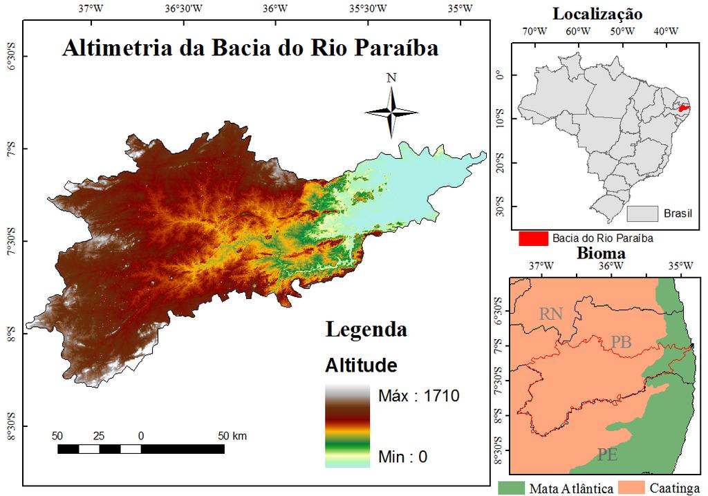 Amplitude altimétrica da bacia do rio Paraíba varia de 0 a 1710 metros; O município de Santa Rita