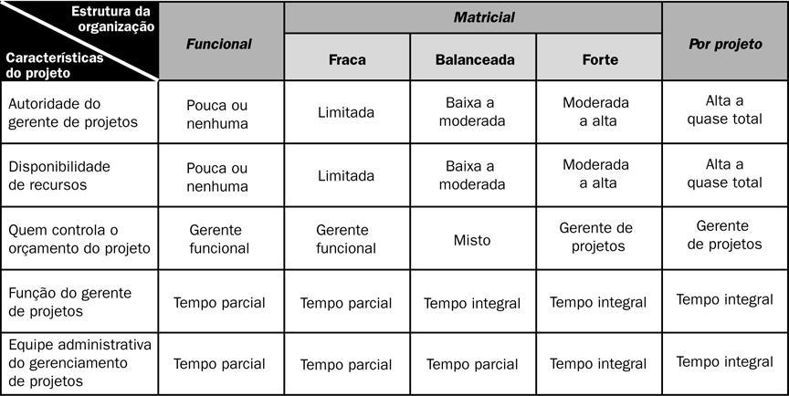 Estrutura Organizacional quadro resumo Matricial: estrutura na qual o gerente de projetos divide as