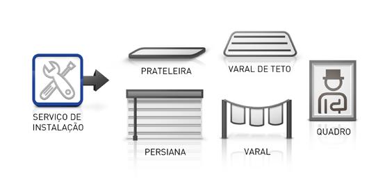 Fixação de prateleiras, varal, varal de teto, quadros, persianas, ganchos, suporte para TVs e para fornos de micro-ondas, itens de utensílios e decoração.