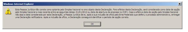 Caso seja não optante ou optante pelo Simei no ano-calendário informado, o sistema vai considerar como data de opção a data de abertura constante no CNPJ ou 01/01/ano-calendário selecionado.