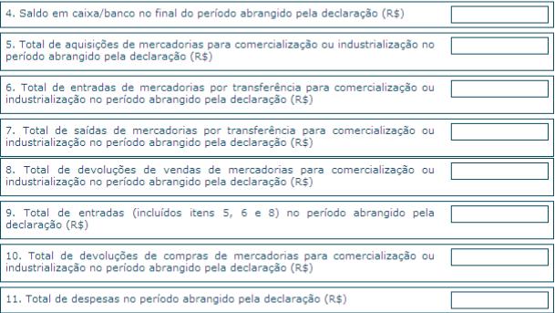 1. Estoque inicial do período abrangido pela declaração: Informar o valor do estoque inicial, constante do Livro de Registro de Inventário, de mercadorias e produtos destinados à