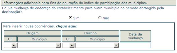 e de destino. Caso tenha havido mais de uma mudança de município no período abrangido pela declaração, deverá clicar em adicionar novas linhas para informar também essas mudanças.