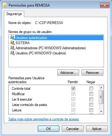 c) Selecione cada usuário ou grupo na lista e para cada um marque Permitir em Controle total.