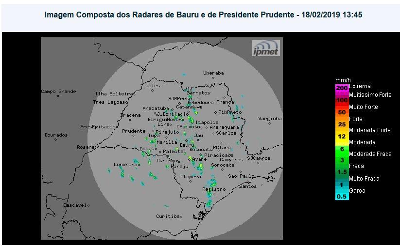 Situação das chuvas O radar meteorológico do IPMet/UNESP, localizado em Bauru, está detectando chuvas isoladas no estado de São Paulo, fracas a fortes, algumas com descargas elétricas, atingindo o