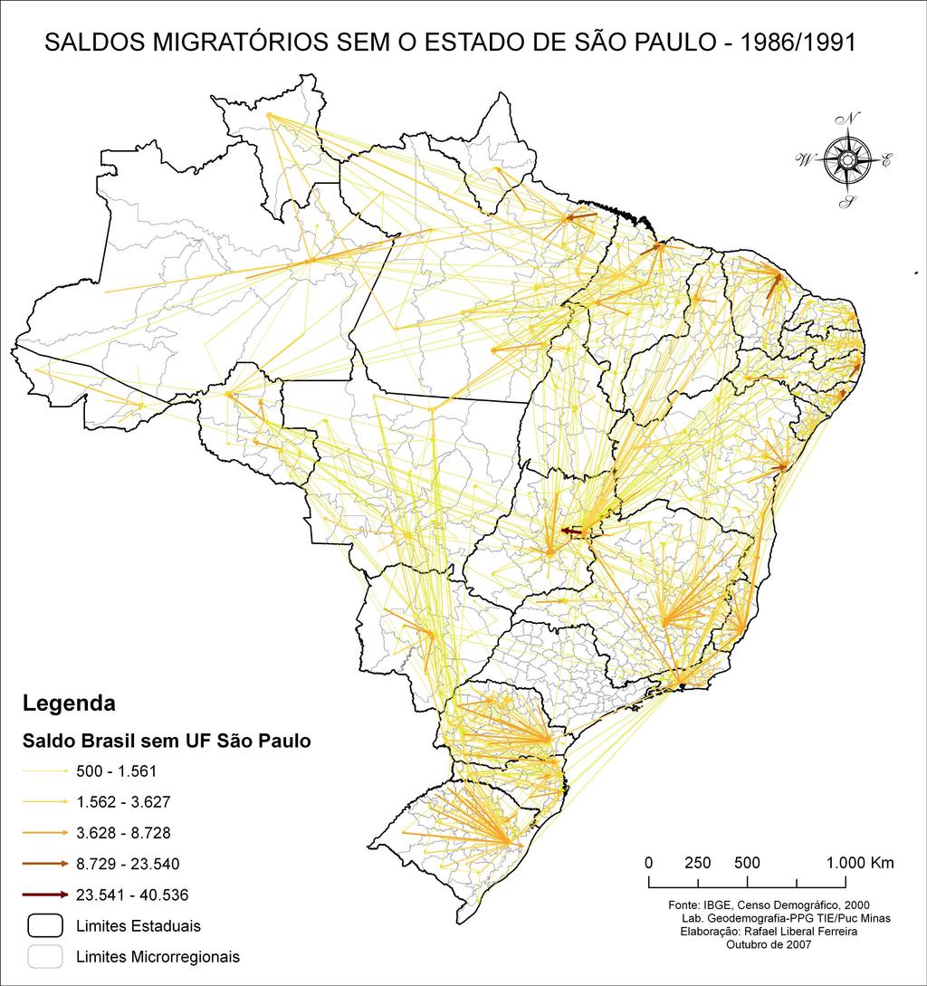 A diminuição nas trocas de população da maior metrópole brasileira ocorreu também nas direções oeste e sul e, como no período anterior, nestes casos a RMSP é a grande perdedora líquida de população.
