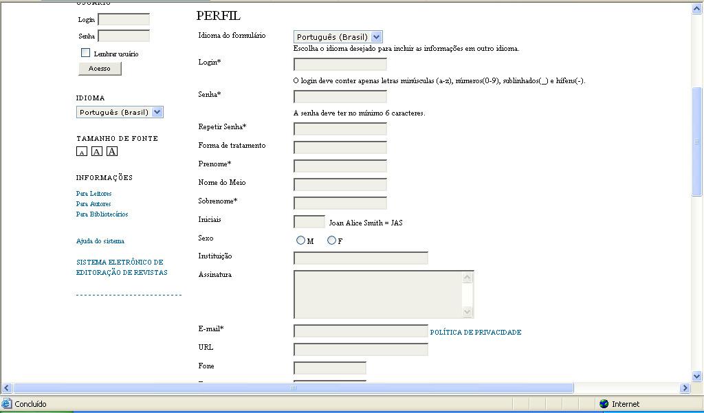 Na tela seguinte o autor deverá preencher os campos do Perfil, escolhendo um login e senha. Certifique-se que o e-mail informado seja válido.