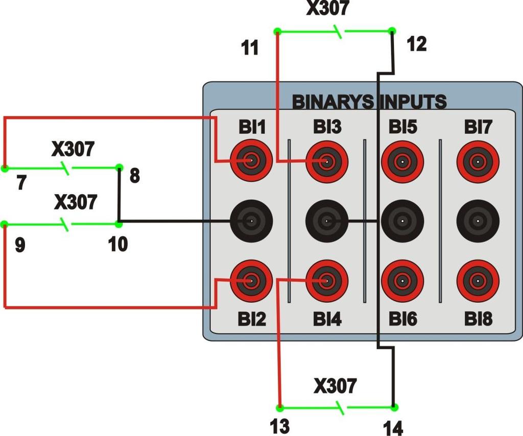 1.3 Entradas Binárias Ligue as entradas binárias do CE-6006 às saídas binárias do slot X307 relé. BI1 ao pino 07 e seu comum ao pino 08. BI2 ao pino 09 e seu comum ao pino 10.