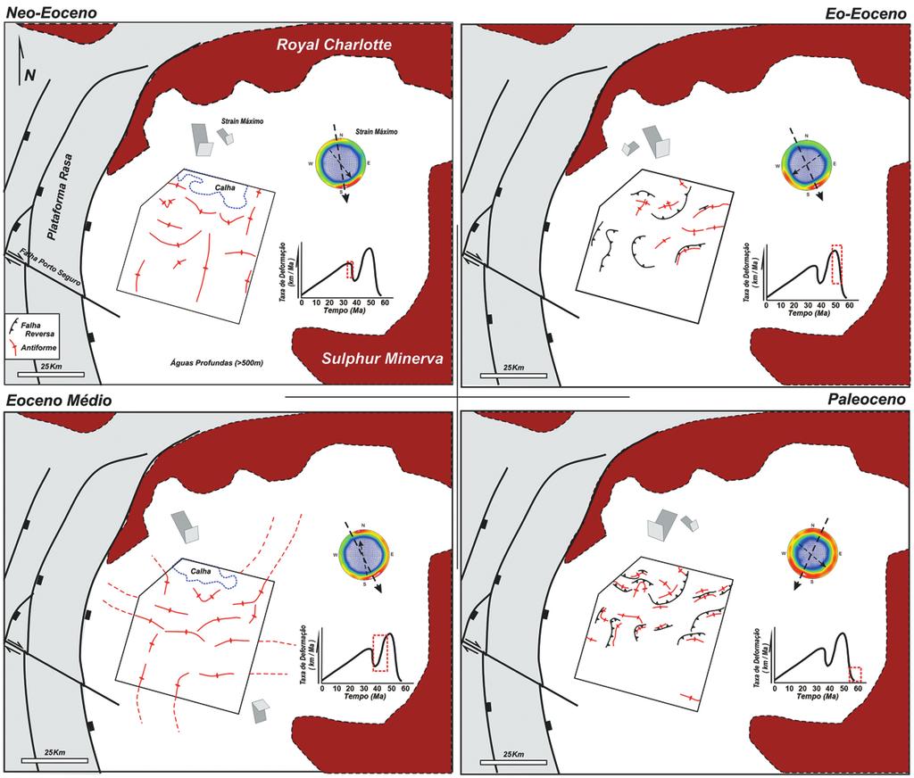 Figura 14 - Esquema mostrando mapas das estruturas ativas durante o Paleogeno na área modelada (polígono preto) na Bacia de Cumuruxatiba.