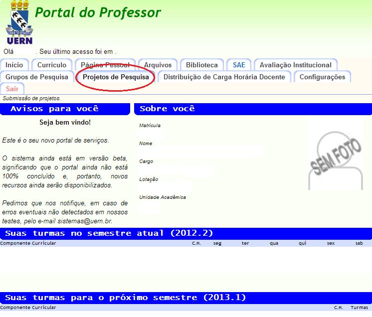 Dentro do Portal do Professor, na sua área, clique na aba Projetos de Pesquisa: Documento