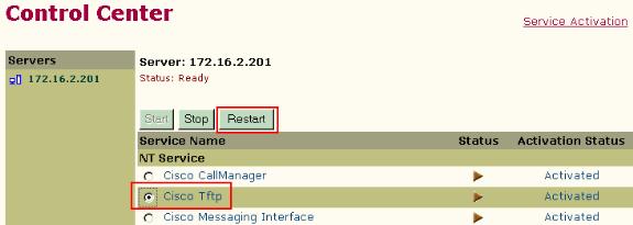 7. Selecione o servidor do CallManager da Cisco. 8. Selecione Cisco TFTP e clique o reinício. 9. Repita etapas 7 e 8 para todos os servidores do CallManager da Cisco. 10.