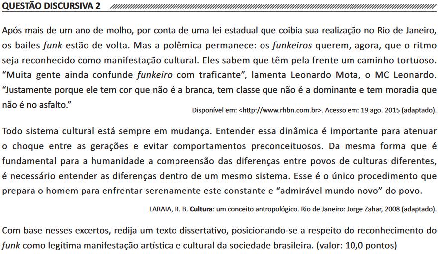 O estudante deve elaborar um texto dissertativo que aborde os seguintes aspectos: 1) reconhecer o caráter dinâmico da cultura, trazendo elementos dos textos 1 e 2 (padrão de resposta), e com base