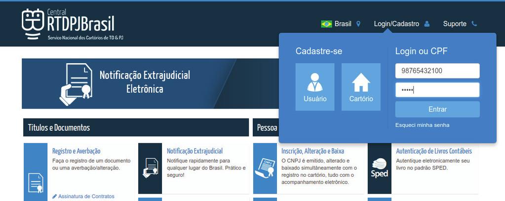 Login/Cadastro Para iniciar os trabalhos com a Central RTDPJBrasil é necessário confirmar a identidade do cartório e comparar ao cadastro do CNJ.