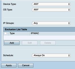 Etapa 17. Do tipo lista de drop-down, escolha o tipo de endereço a ser excluído da política. As opções são: MAC Especifique um MAC address para excluir da política.