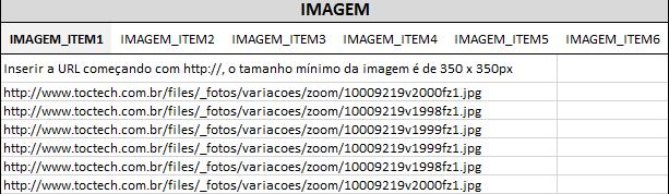 Agrupamento massivo É permitido cadastrar 4 (quatro) imagens; Resolução mínima de 350px por 350px; O arquivo deve ser em http ou https. O arquivo deve ser em jpeg.