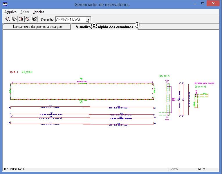 (1) Ative a área "Visualização Rápida das Armaduras"; (2) Selecione o desenho "ARMPAR1.
