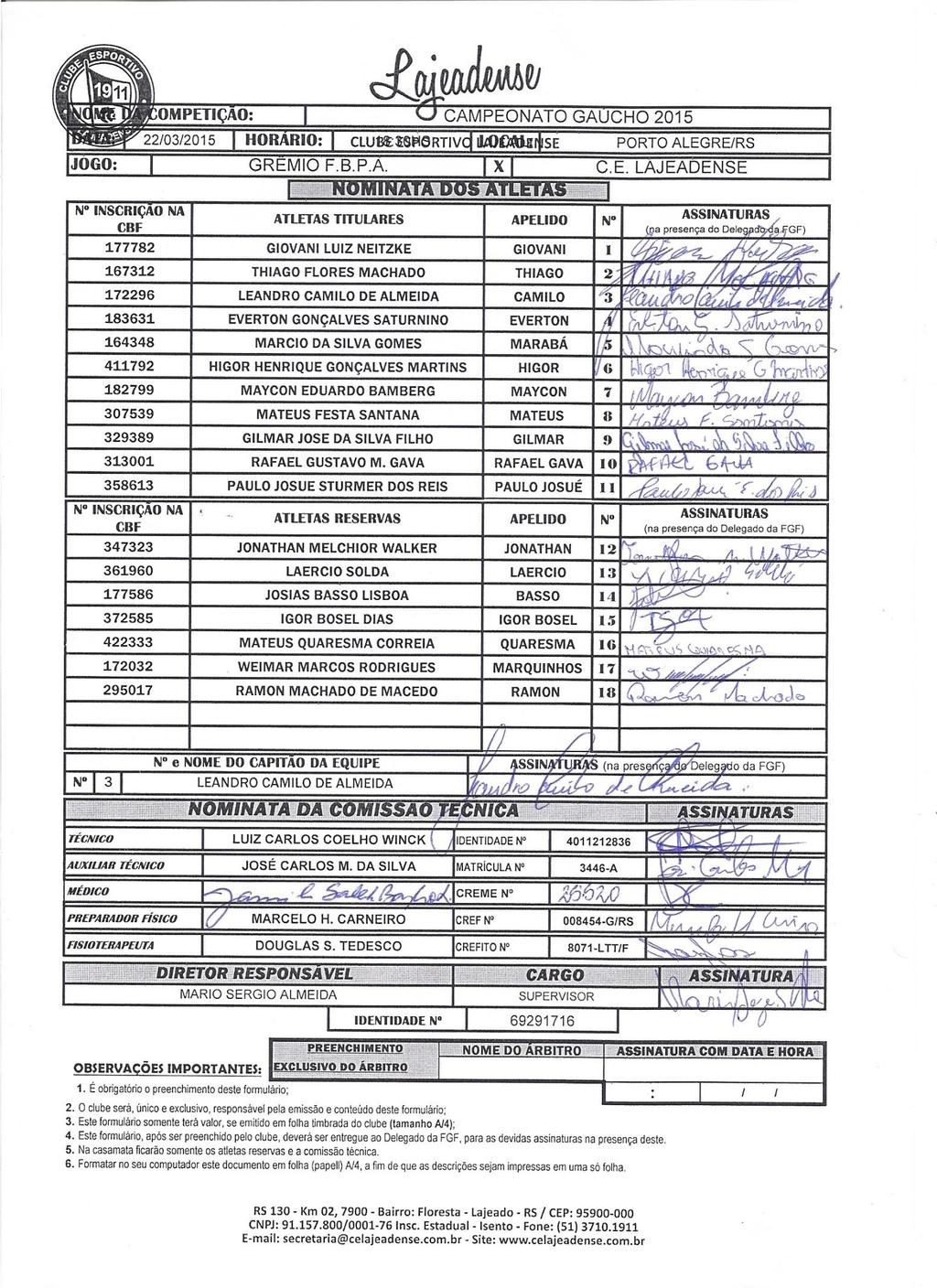 DELETAR O MODELO DE FORMULÁRIO PADRÃO DO CLUBE VISITANTE E INSERIR