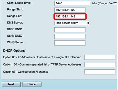Etapa 3. No campo da extremidade de escala, incorpore o IP address do término para o pool dos IP address a ser atribuídos aos anfitriões no VLAN.
