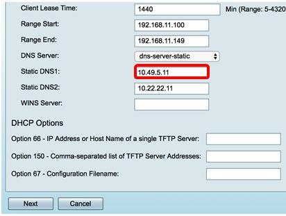 Etapa 5. No campo DNS1 estático, incorpore o endereço IPv4 do servidor de DNS principal. Nota: Neste exemplo, 10.49.5.11 é usado. Etapa 6.
