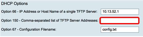 Quando um dispositivo carreg acima, e um IPv4 ou um endereço e um endereço IP do servidor de TFTP do IPv6 não preconfigured, o dispositivo mandará um pedido ao servidor DHCP com opções 66, 67, e 150.