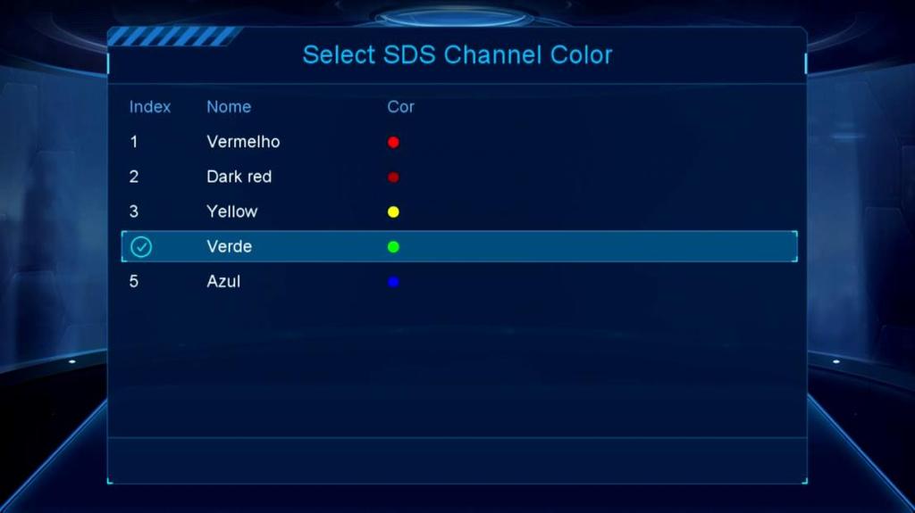 6.7) Menu>>Editar Canal>>Select SDS Channel Color: Sub menu destinado mudança de cor dos