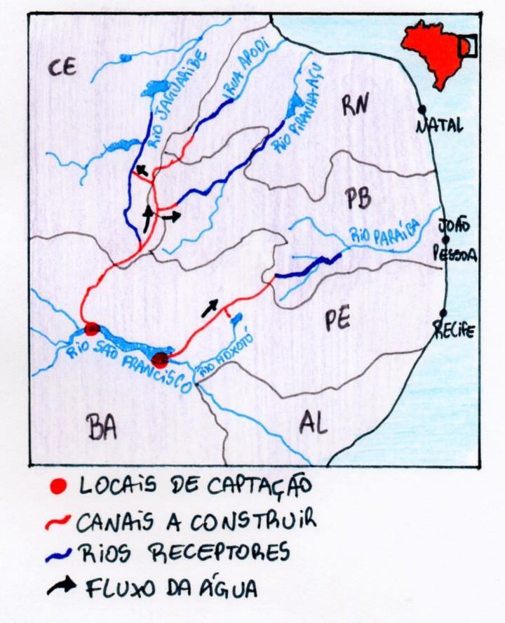 de aproximadamente 722 km de canais e reservatórios, divididos em dois eixos, que abasteceriam o Polígono, aliviando os efeitos da estiagem.