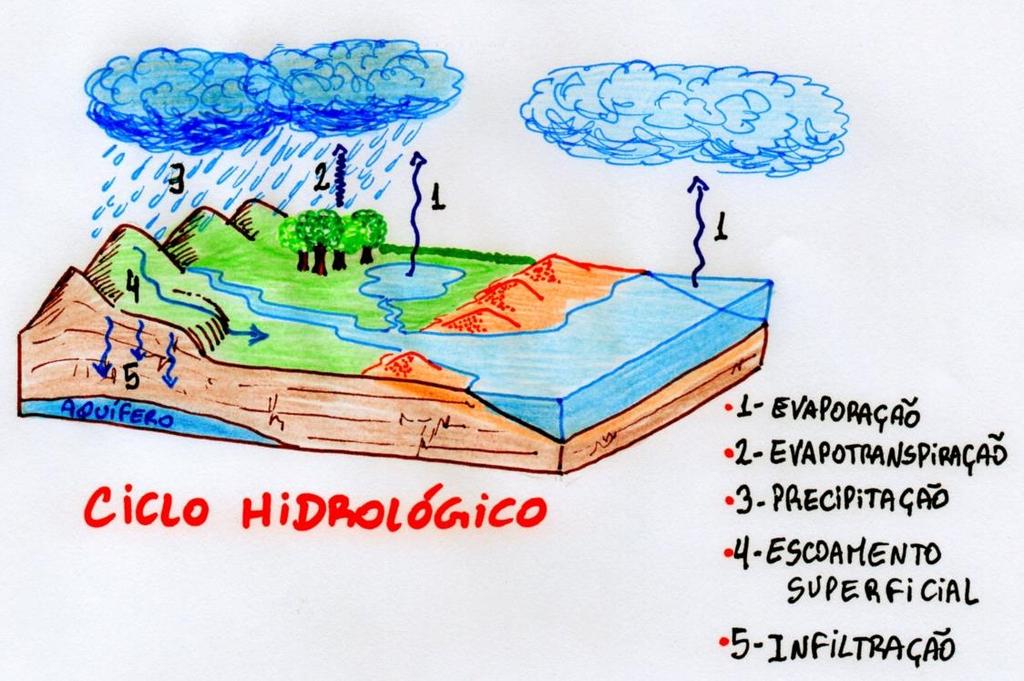 Fatores que influenciam na variabilidade do ciclo hidrológico da Terra: Quantidade de vapor d'água, CO2 e ozônio na atmosfera; Variabilidade com que a energia solar atinge os diversos locais do