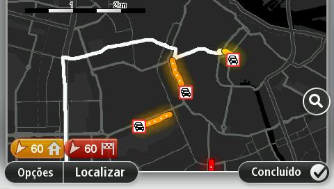 3. Se o mapa não mostrar a sua localização, toque no marcador para centrar o mapa na sua localização atual. O mapa mostra os incidentes de trânsito na zona. 4.